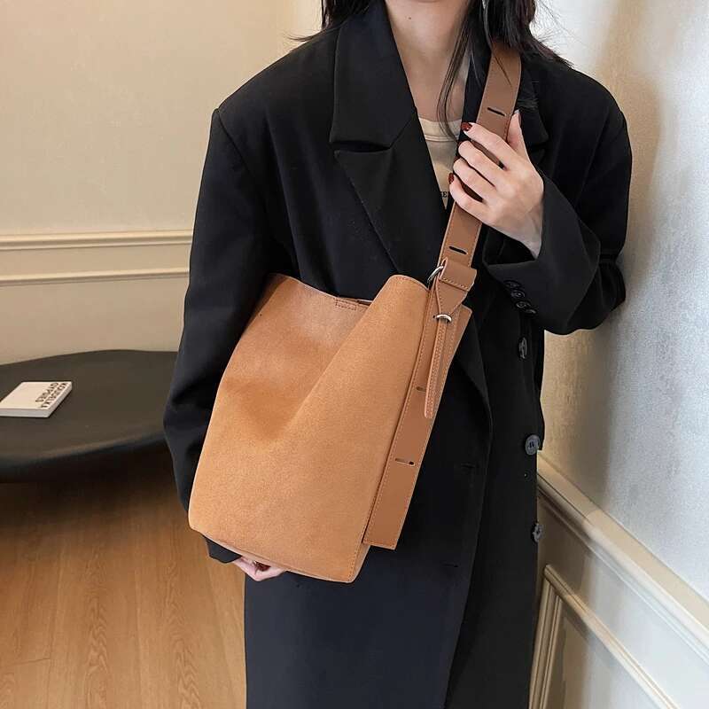 Branded Frosted PU Leather Shoulder Bucket Bag Set For Women 2-In-1 Faux Suede Big Capacity Shopper Tote Designer Handbag