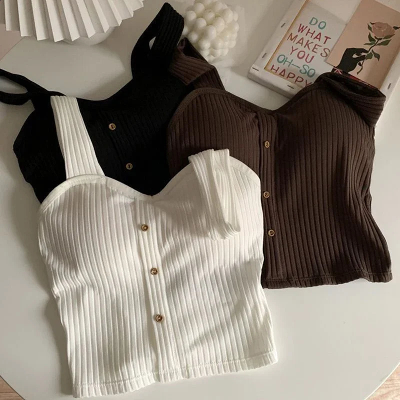 1pcs Summer Girls Cute Button Padded Bra Tank Top Women Casual Strap Vest Female Camisole With Built In Camis Ladys top 250527