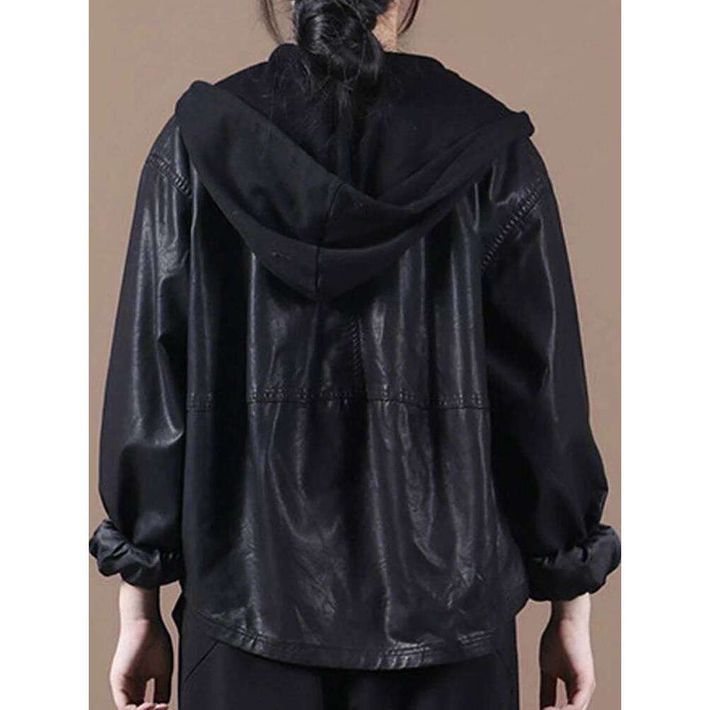 Amax luluE Autumn European Womens Black Hooded Faux Leather Jackets Ladies Classic Leisure Pu Biker Coat Loose Vintage Clothing