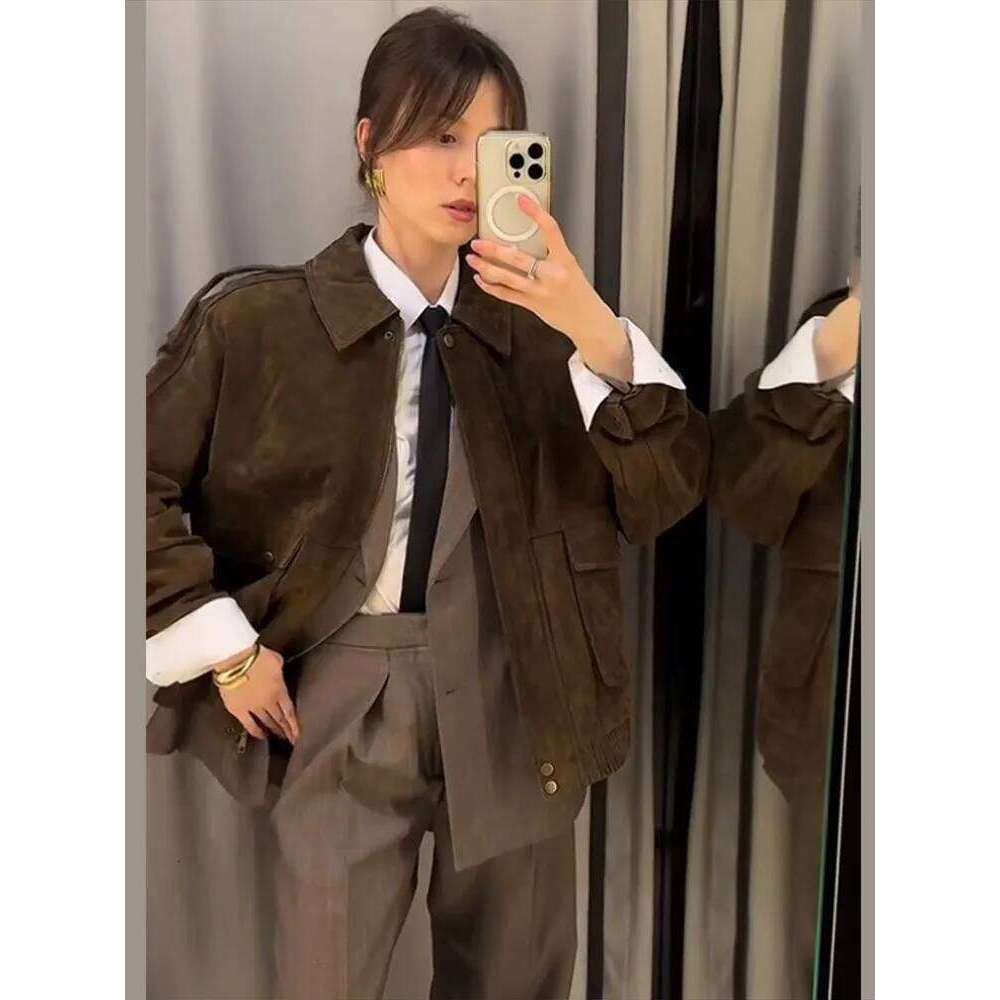 Vintage Suede Lapel Short Jacket Women Casual Street Solid Single Breasted Jackets Female 2025 Spring Versatile Chic Outwear