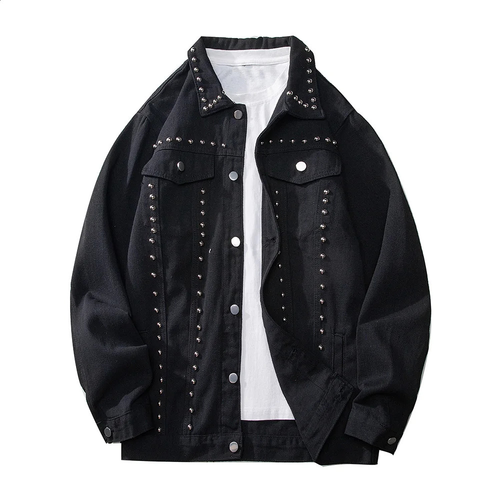 Men Rivet Denim Jacket Loose Black Cotton Jean Coat Punk Long Sleeve Outerwear 250516Z