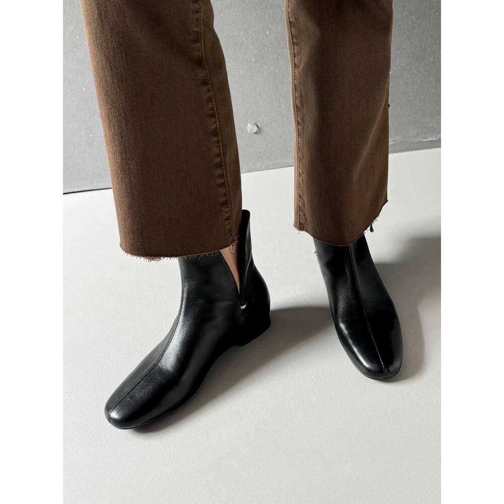 Korean Style Simple Niche Side Opening V-Cut Chelsea Square Toe Flat Slim Short Martin Women's Boots