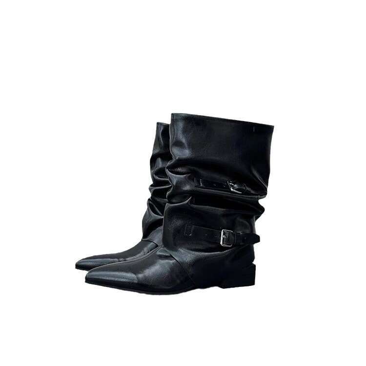 Niche Patent Leather Pointed Toe Chunky Heel Wrinkled Slouch Short Wide Tube Pants Women Autumn Winter Chelsea Boots