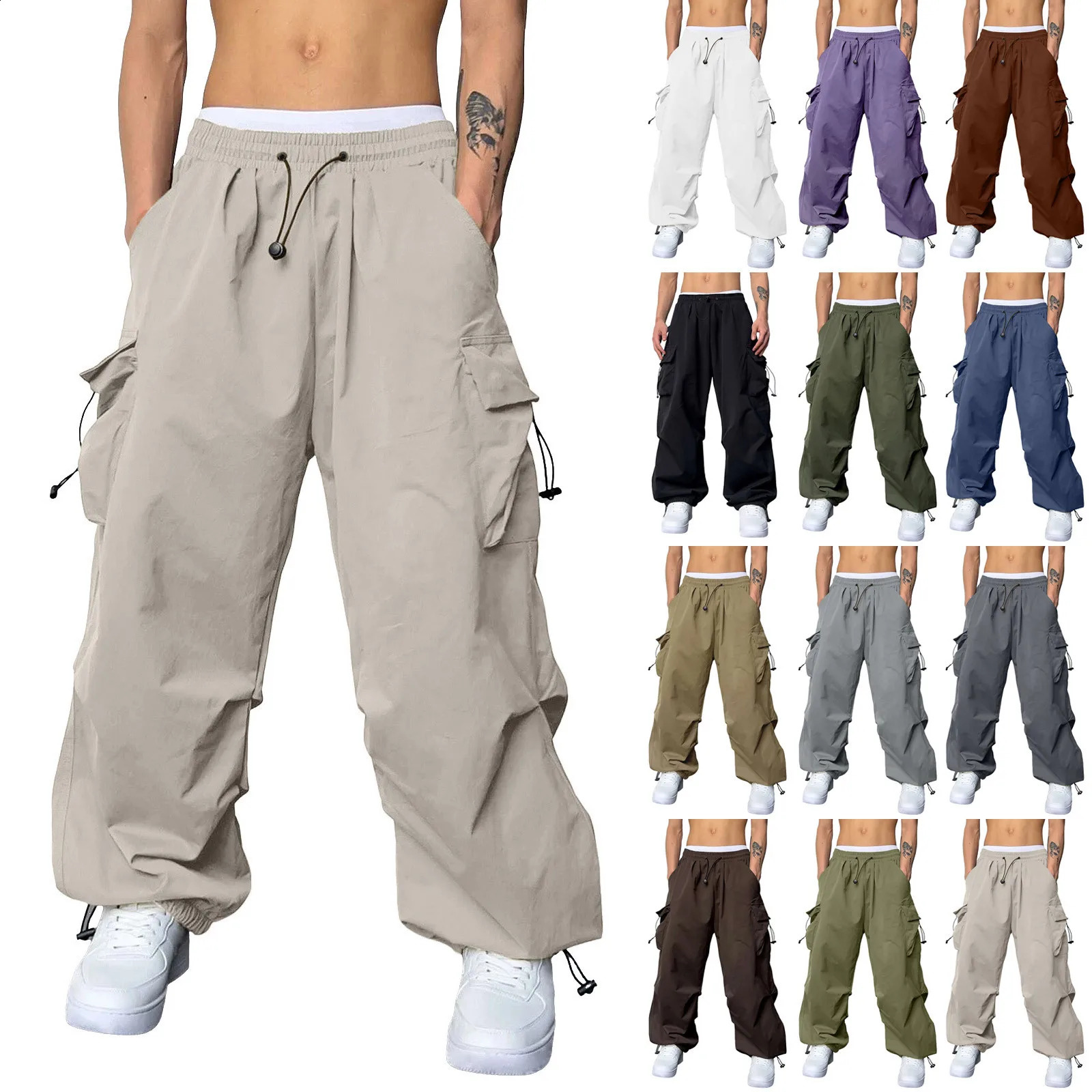 Mens Streetwear Cargo Pants Casual High Waist Pocket Solid Wide Leg Pants Male Retro Cargo Harem Pants Y2k Clothing Pantalones 250527