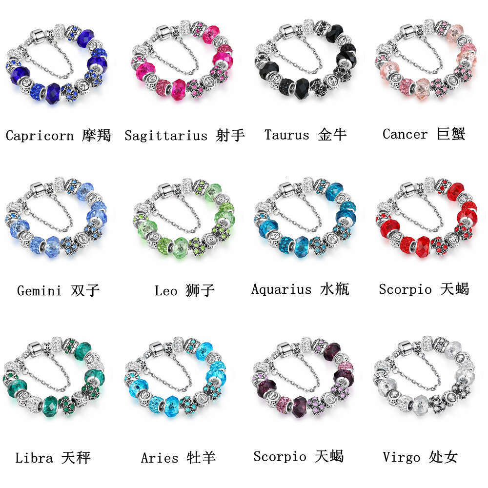 Hot Selling 12 Constellation Crystal Glass Alloy Large Hole Bead Bracelets Trendy Jewelry