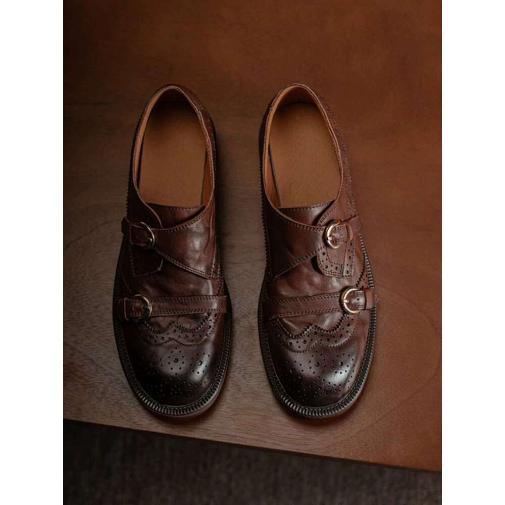 Genuine Brogue Carved Small Leather Shoes for Women, Chunky Heel, Thick Sole, Round Toe, Slip-On Loafers, Commuter Flats