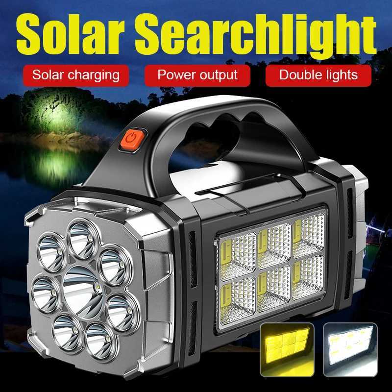 2024 Powerful LED Flashlight USB+Solar Rechargeable Flashlight COB Outdoor Camping Torch Portable Searchlight Power Bank OutdoorXJ250529