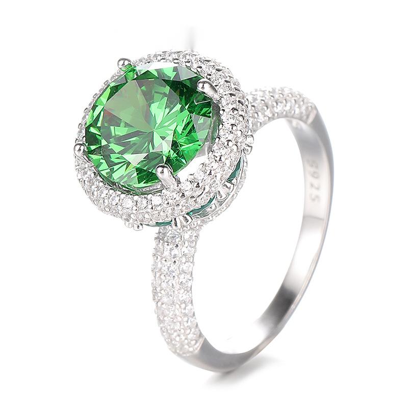 Princess Style S925 Sterling Silver Emerald Green Engagement Ring with Full Diamond Setting, Luxury Wedding Jewelry Gift