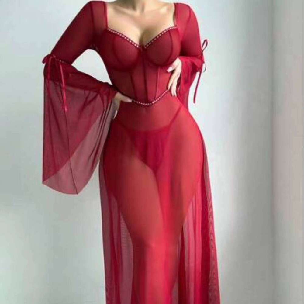 Tdz69 High Quality Long Dress Transparent Red Stripper Outfit Femme Nightie Sexy Lingerie Women Sets