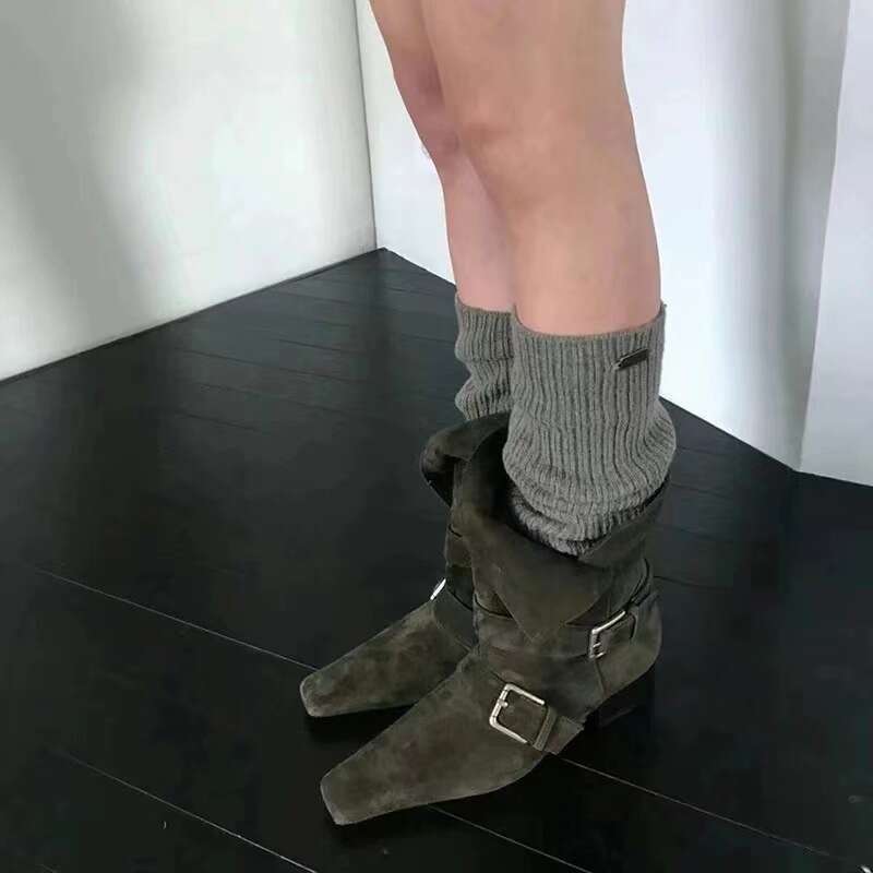 Korean Style Niche Suede Belt Buckle Chunky Heel Square Toe Short Slim Women Autumn Winter Western Cowboy Boots
