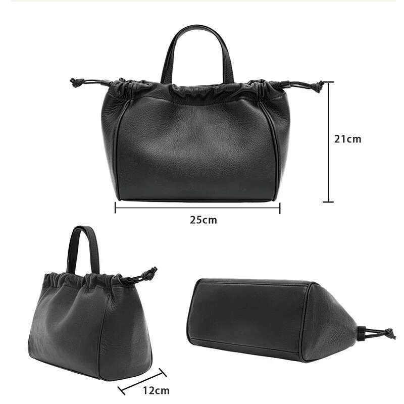 Fashion Hobos 100% Genuine Leather Soft Skin Women String Shoulder Bag Classic Black Elegant Lady Crossbody Purse Tote Handbag
