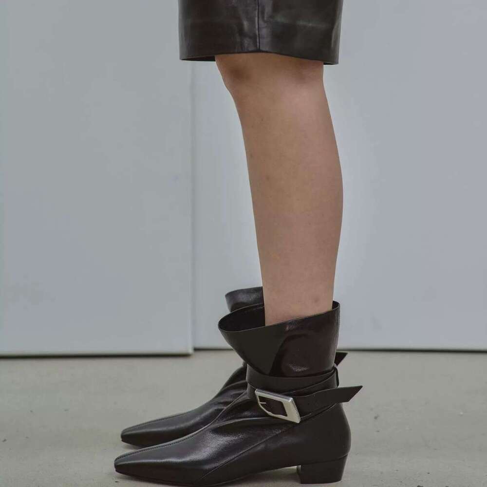 Korean Style Niche Design Square Toe Mid Chunky Heel Belt Buckle Short Slim Women 2024 Autumn Winter Martin Boots