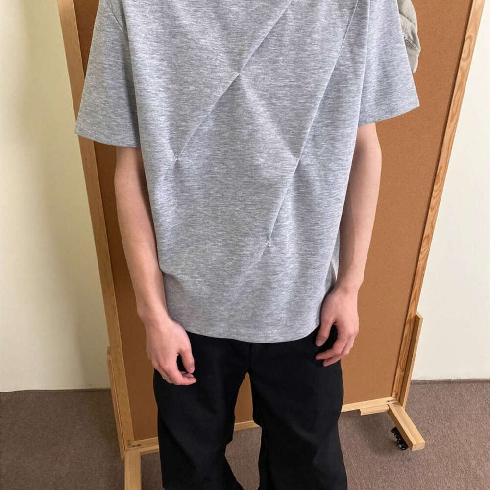High Street American Style Three-Dimensional Diagonal Pleat Structure Short Sleeve T-Shirt for Men Summer New Trend Loose Casual Crew Neck Top