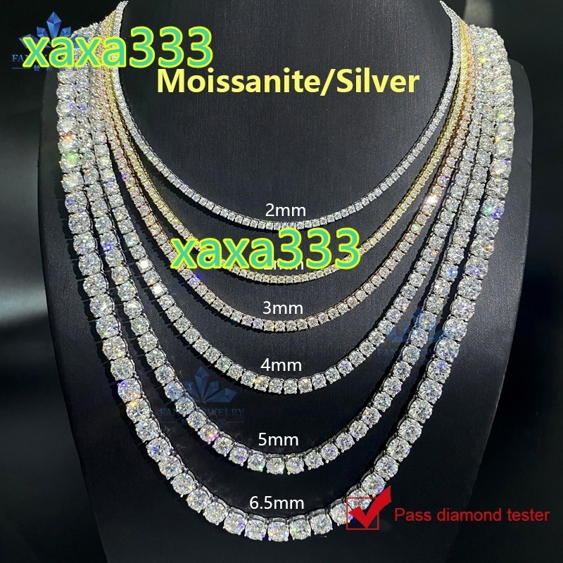 Pass Diamond Tester Hip Hop Jewelry 2mm 3mm 4mm 5mm 6.5mm VVS Moissanite Diamond 925 Silver Iced Out Tennis Chain Necklaces