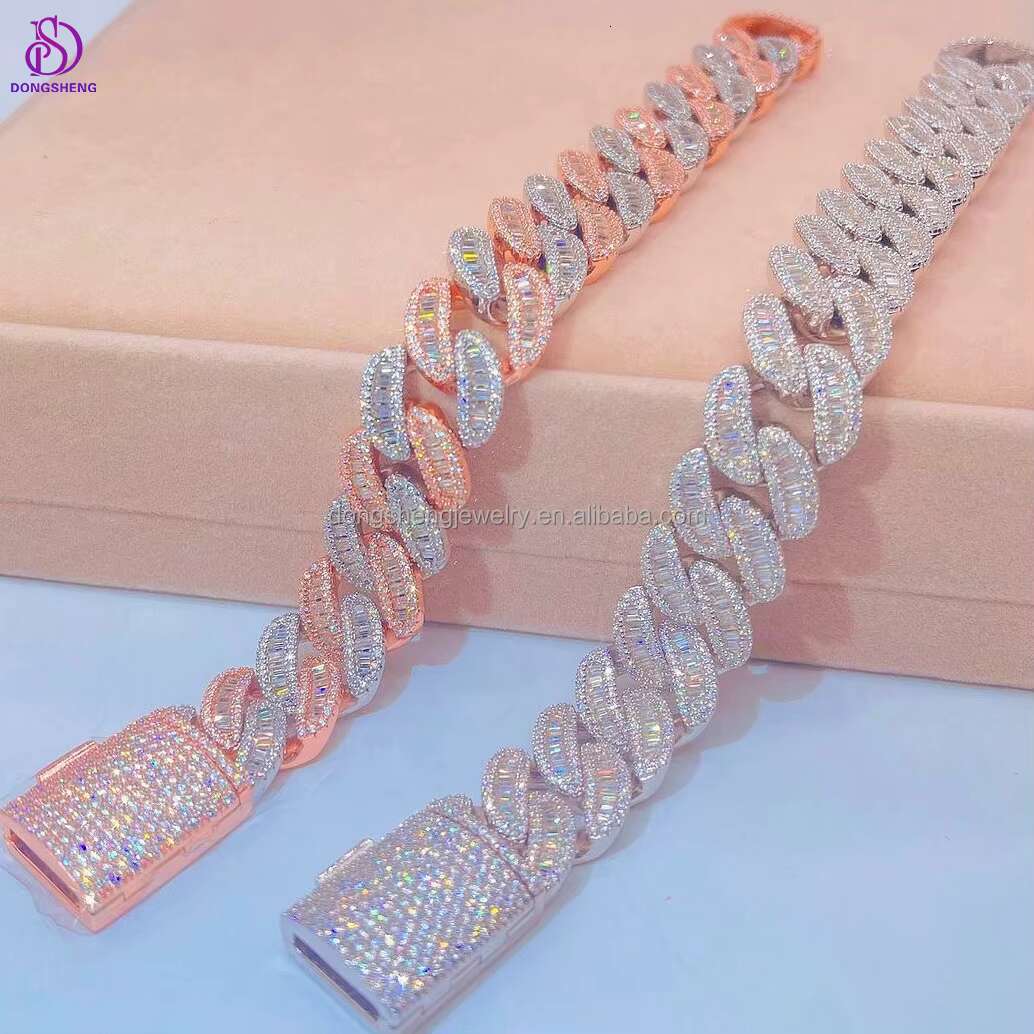 High Quality Hip Hop Jewelry 925 Silver 18mm 20mm Ice Out Vvs baguette Diamond Moissanite Cuban Link Chain for Mens