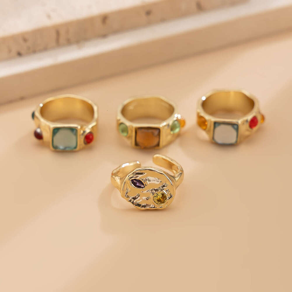 Jewelry Fashion Colorful Inlaid Geometric High-end Irregular Alloy Ring