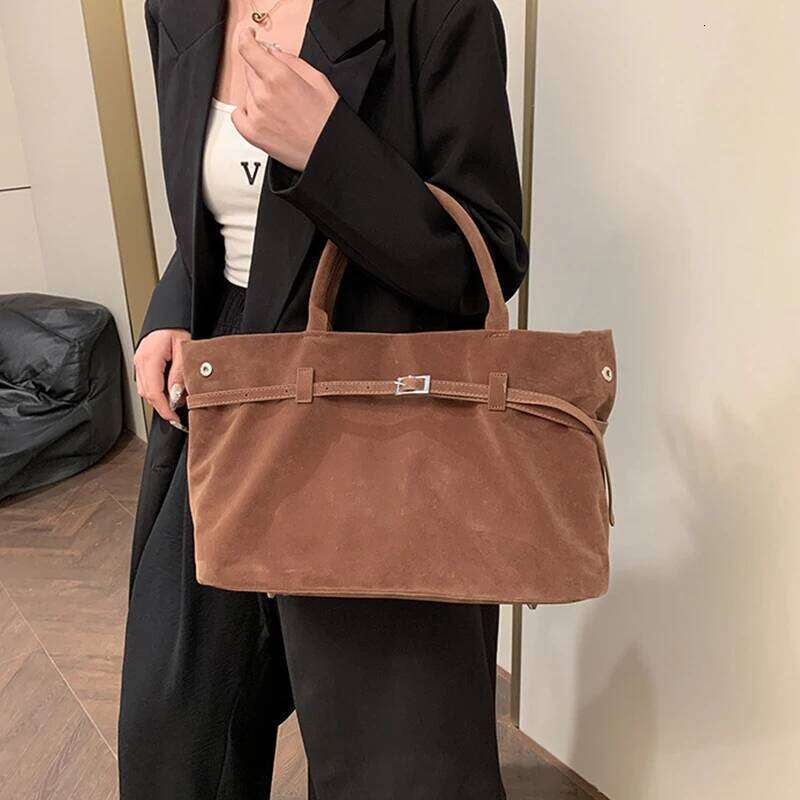 Trendy Autumn Brown Tote Women's Retro Suede Large Capacity Shoulder Belt Buckle Design Ladies Underarm Commuter Bag