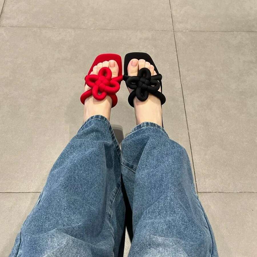 Genuine Leather Style Red Chinese Knot Flat Casual One-Word Slippers for Women Outdoor 2025 New Square Toe Sandals