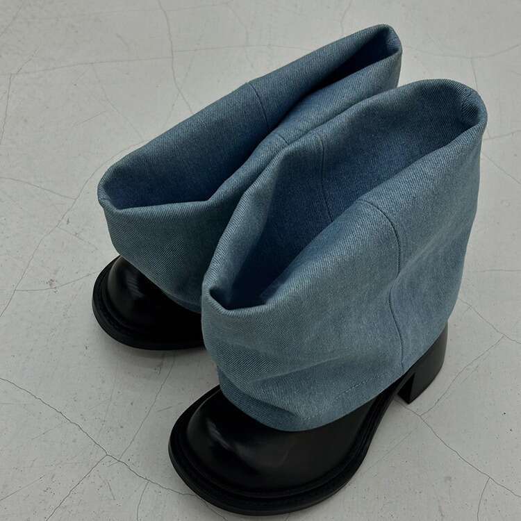 Genuine Leather Niche Denim Round Toe Chunky Heel Short for Women 2024 New Fashion Slouch Boots