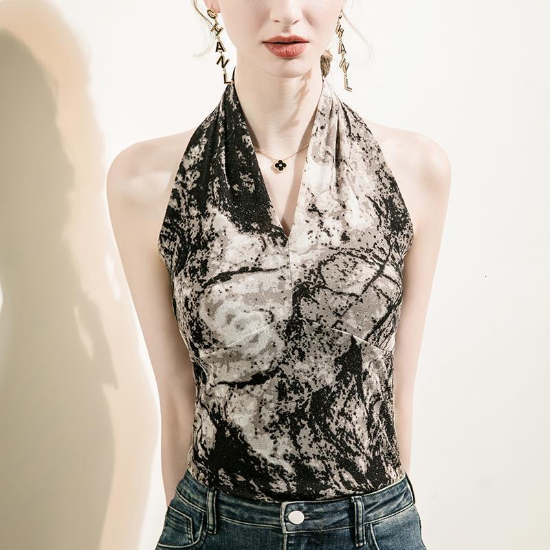 Designer Shirt Bright Silk Hanging Collar Printed Vest Women's Sexy Summer New Sleeveless Basic Shirt Off The Shoulder Fashion Designer 2025 New 
