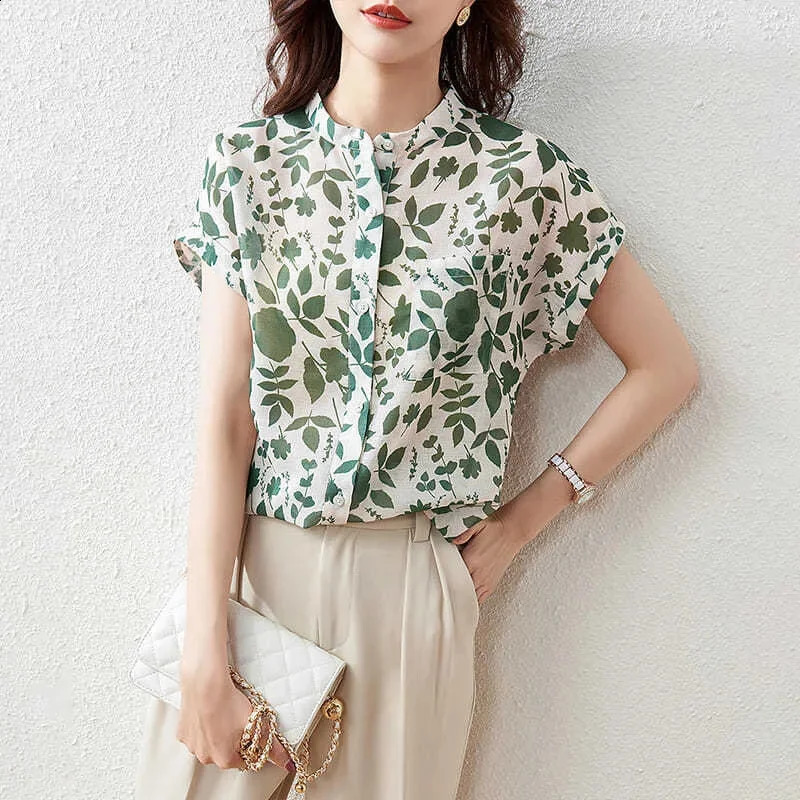 Women Summer Style Blouses Tops Lady Casual Short Sleeve Stand Collar Flower Printed Blusas Tops 250529Z