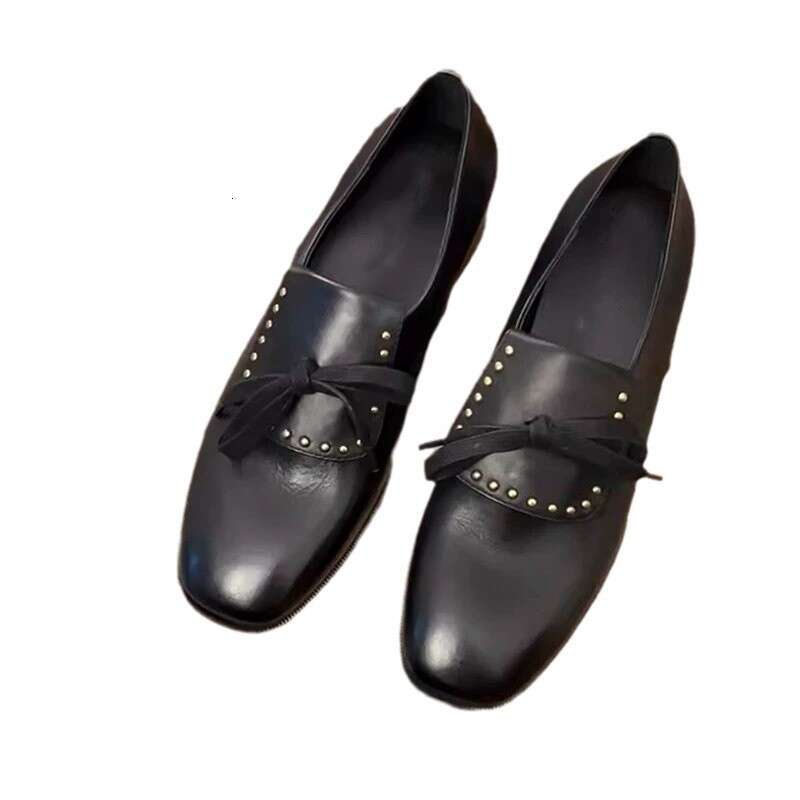 British Style Genuine Round Toe Bowknot Loafers for Women 2025 Spring New Thick Heel Small Leather Single Shoes