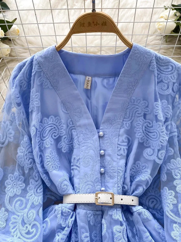 France Elegant Vintage Evening Dress Women Embroidery Sashes Short Party Dress Female Casual Holiday Clothing 250517
