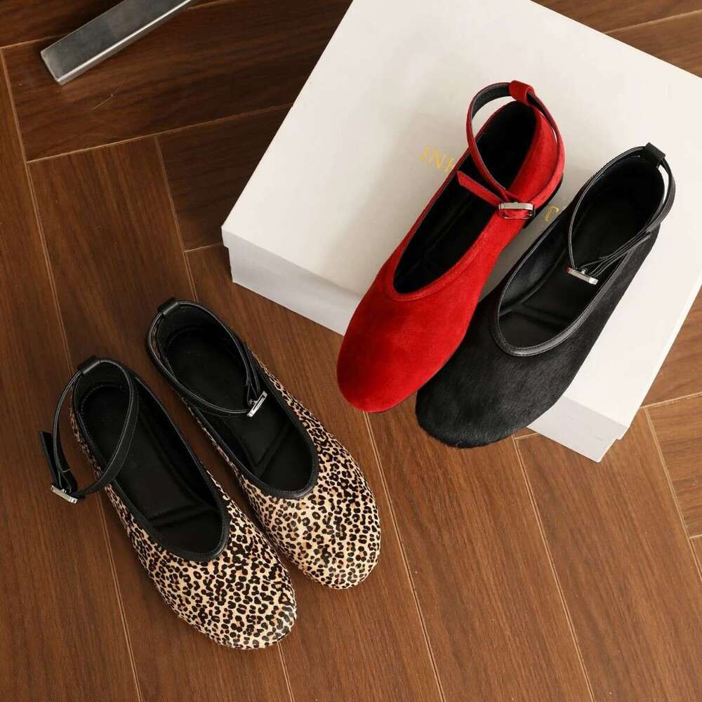 Genuine Leather French Classic Versatile Round Toe Shallow Mouth Ankle Strap Leopard Print Horsehair Flat Red Mary Jane Shoes for Women