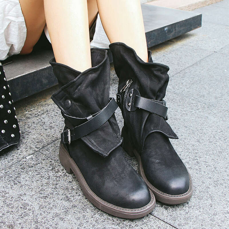 Genuine Leather Motorcycle for Women 2024 New Western Cowboy with Belt Buckle Mid-Calf Short Martin Boots