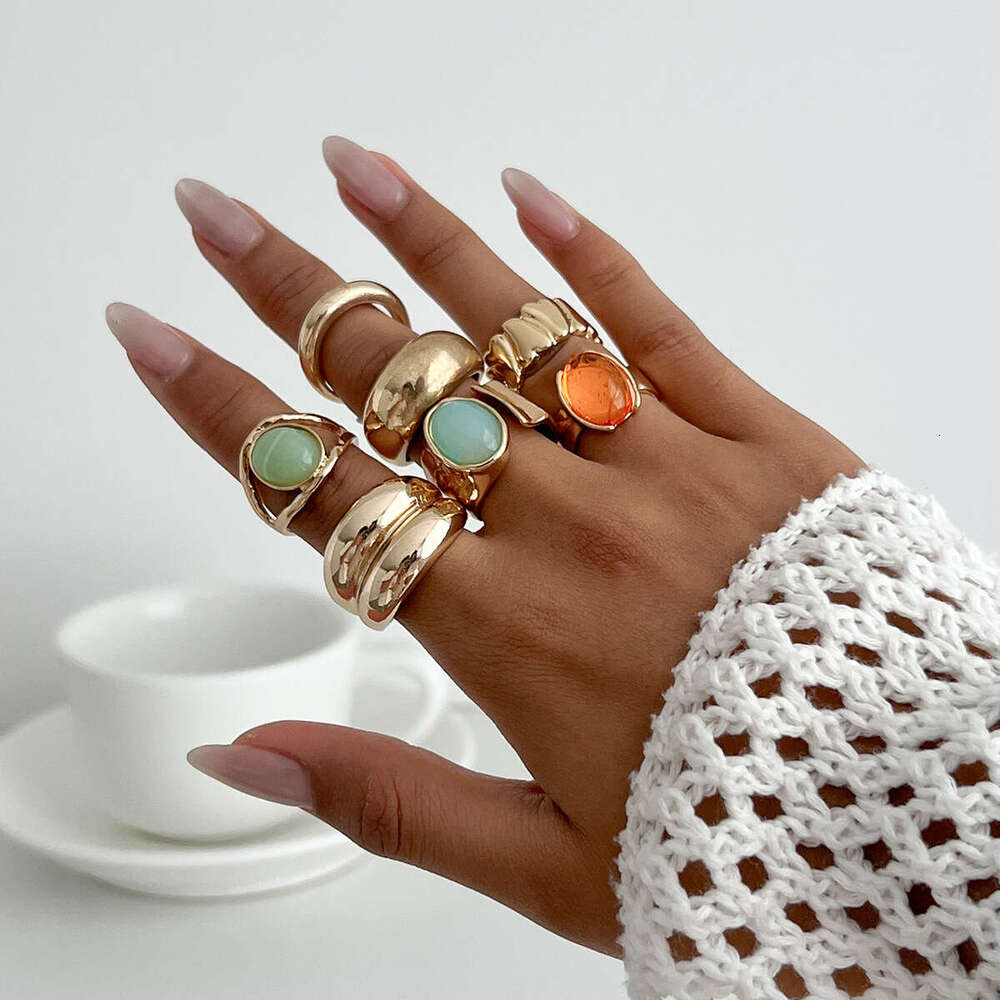 Layered INS Style Inlaid Acrylic Set for Women, Light Luxury Irregular Open Ring