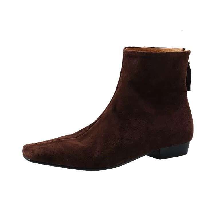 French Style Minimalist Square Toe Ankle Flat Slim with Back Zipper Short for Women Autumn Winter New Versatile Martin Boots