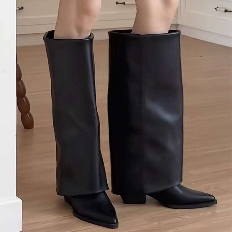 Genuine Leather Pointed Toe Chunky Heel for Women 2024 New Autumn Winter Riding Western Cowboy High Tube Long Boots