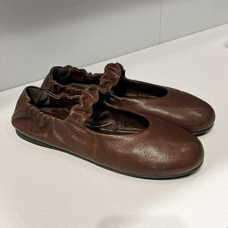 Genuine Leather Korean Style Round Toe Shallow Mouth Pleated Strap Mary Jane Shoes for Women 2025 Spring Summer Ballet Flats