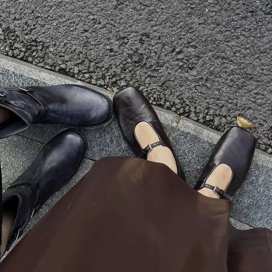 Genuine Leather French One-Strap Ballet Flats for Women 2025 Spring Square Toe Flat Mary Jane Shoes