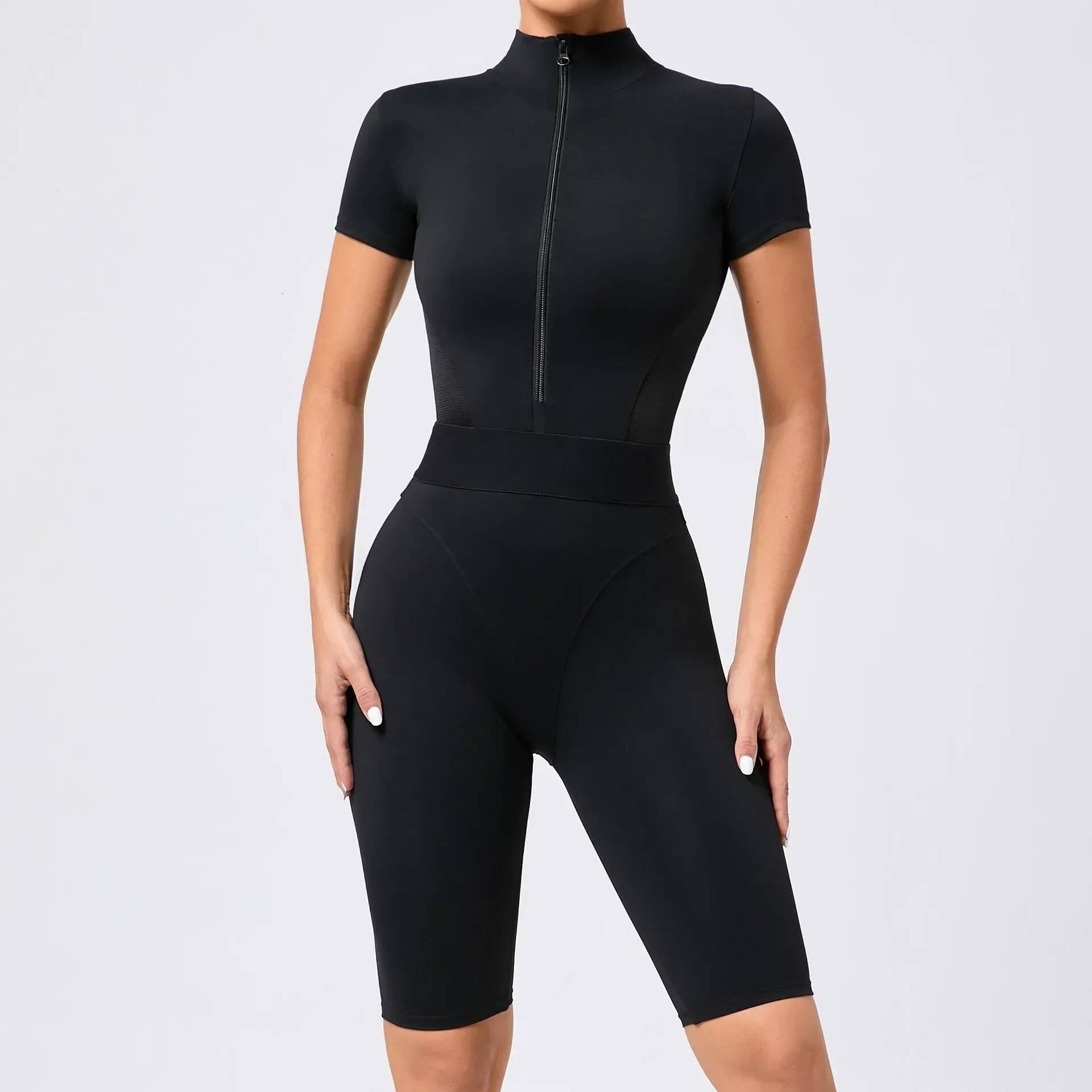 Seamless Jumpsuits Sports Fiess Hip-lifting Tights Short Sleeve Zipper Yoga Workout Gym Leggings Sportswear for Women