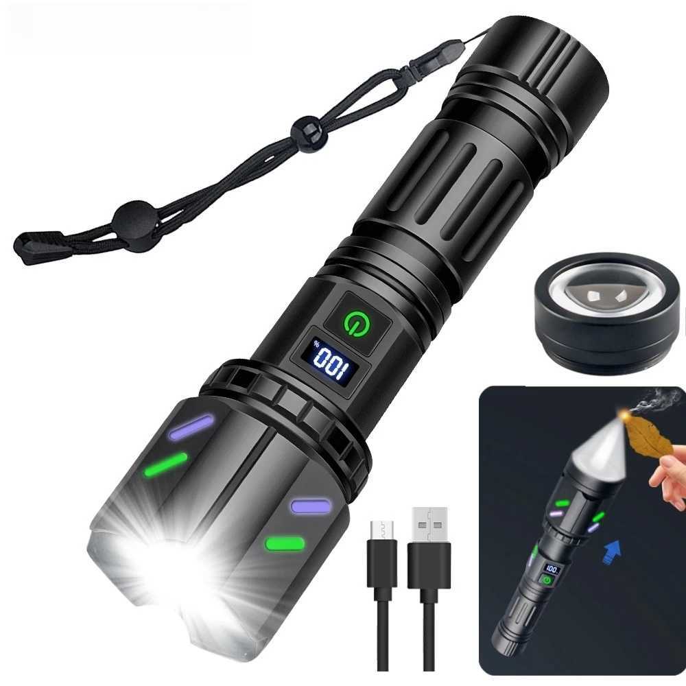 High Power White Laser LED Flashlight 18650 26650 Battery Type-C Strong Light Tactical Torch Outdoor Camping with Ignition LensXJ250529