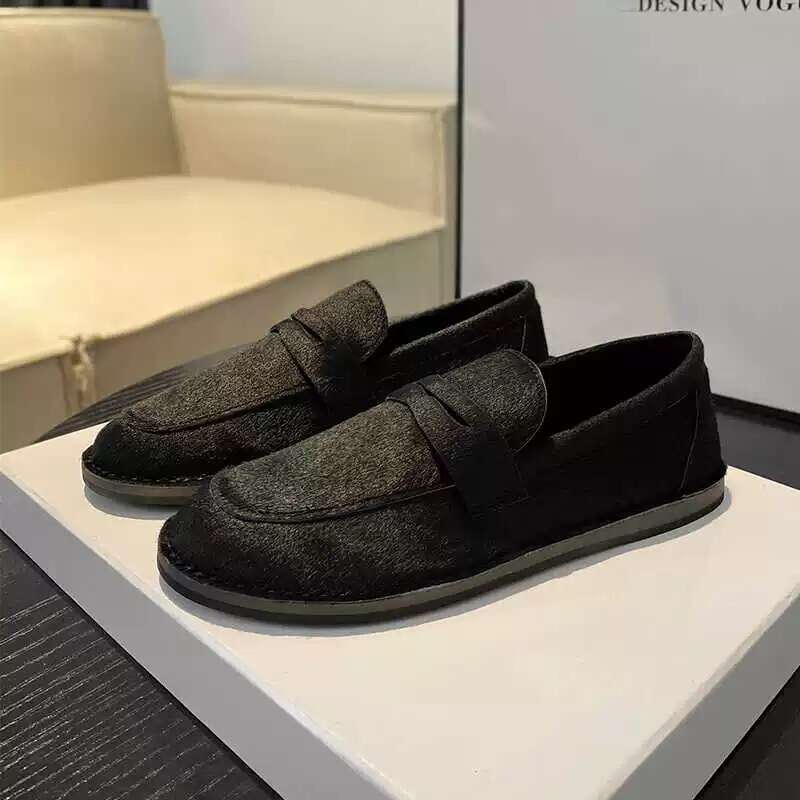 Niche Horsehair Round Toe Flat Loafers Women, Autumn and Winter New Casual Versatile Slip-On Shoes for Women