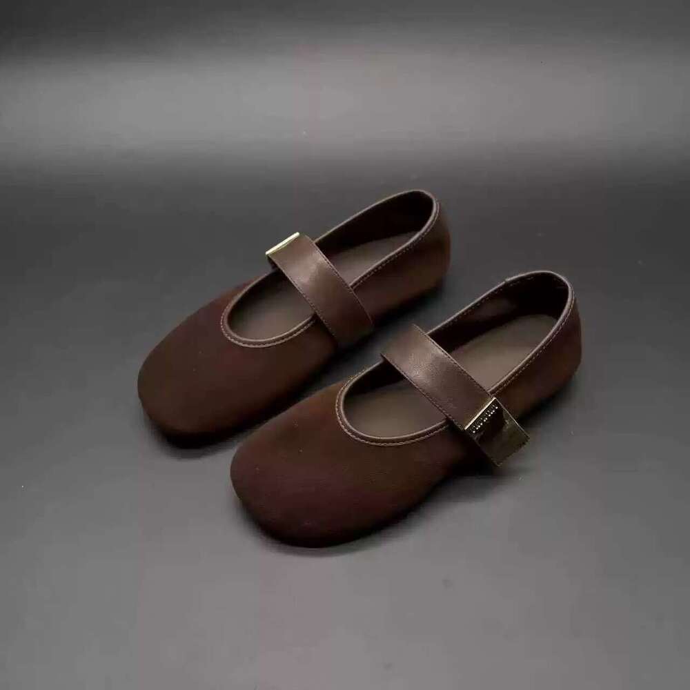 Genuine Leather Suede Round Toe Mary Jane for Women Spring and Autumn Versatile Cute Flat Ballet Shoes