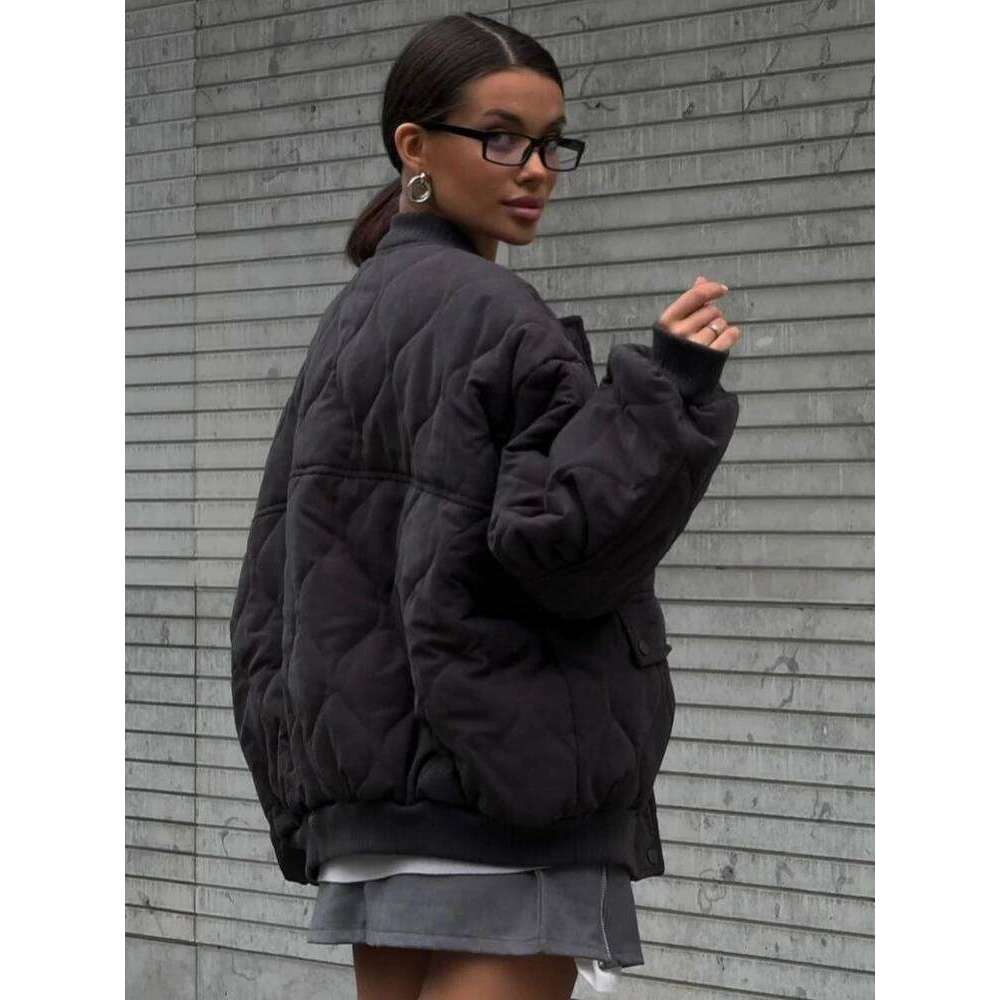 ZBZA Women Quilted Warm Loose Bomber Jacket Stand Collar Solid Vintage Zip Button Pocket Spliced Outerwear Winter Chic Coat