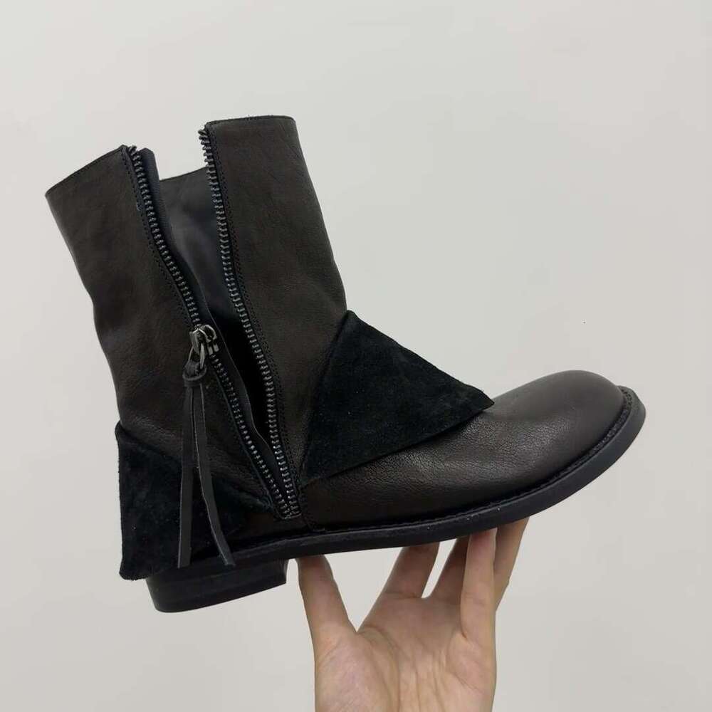 Genuine Leather Niche Design Upper Patchwork Chunky Round Toe Side Zipper Thick Heel Martin Women 2024 Autumn Winter Short Boots