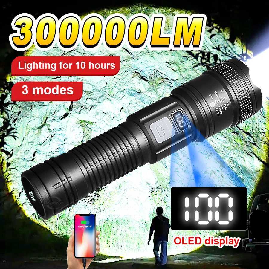 High Strong Power LED Flashlights300000LM Tactical Torch with Display Light USB Charging Camping Fishing Emergency Zoom LanternXJ250529