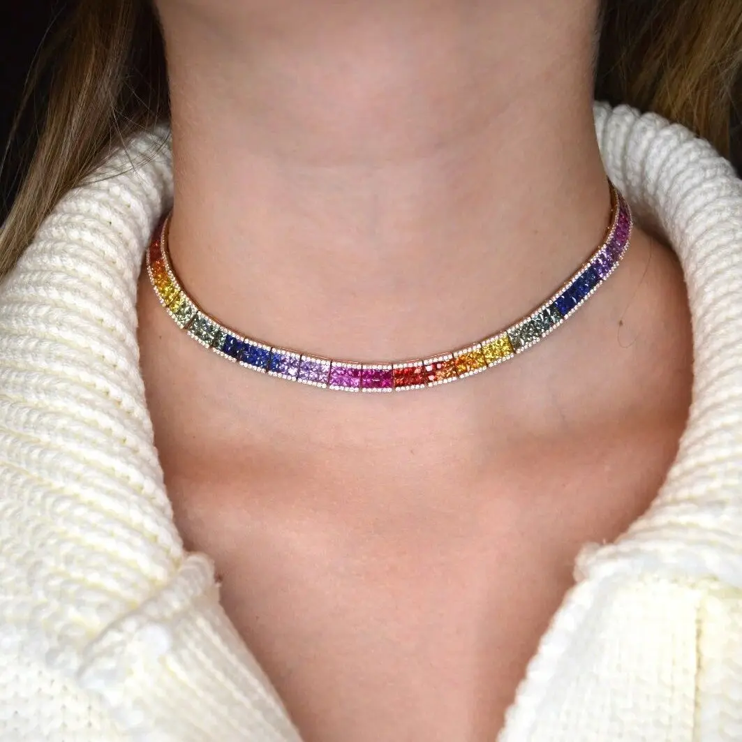 sdzstone 2025 NEW design Iced Out Rainbow Colorful Tennis Necklace Square Cubic Zirconia Paved Tennis Chain Cuban Link Dainty Jewelry Gift