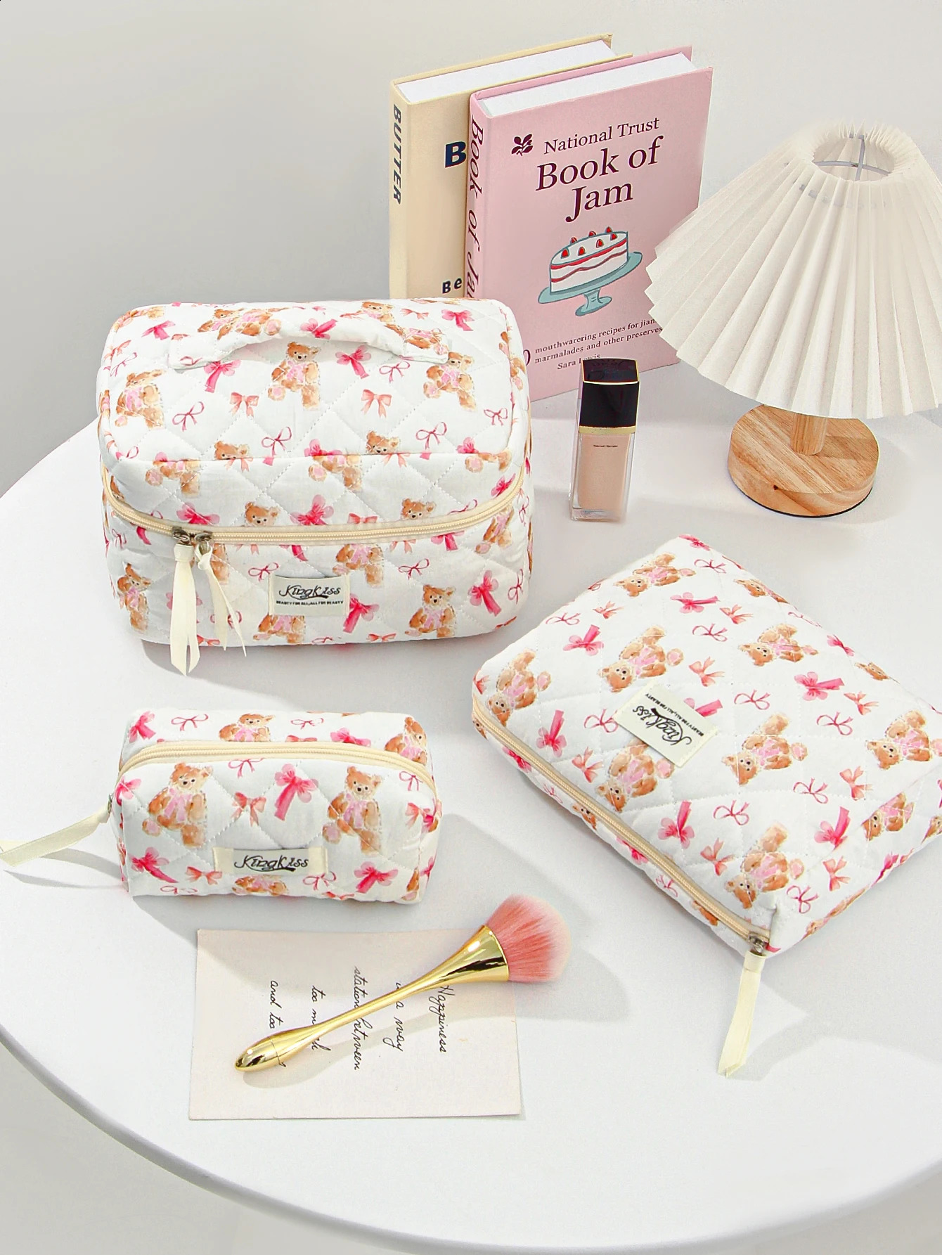 Cute Small Bear Pattern Makeup Bag Set Quilted Cosmetic Aesthetic Travel Toiletry Bags 250528