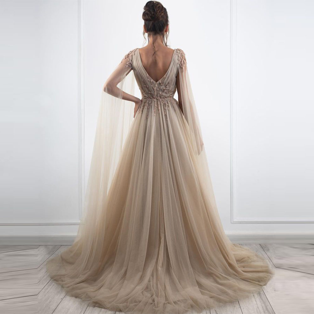 Sexy Deep V-Neck Prom Gowns Front Split Draped Printed Evening Dresses Classic Style Party Dresses