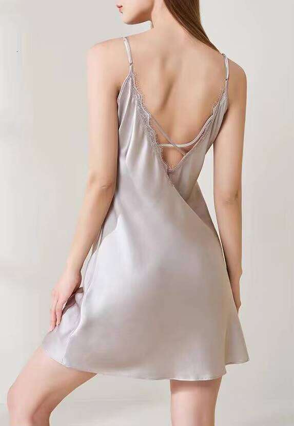 100% Mulberry Silk Satin Nightdress For Summer Lace Sexy Sling Custom Smooth Soft Knee Drawstring ODM Homewear
