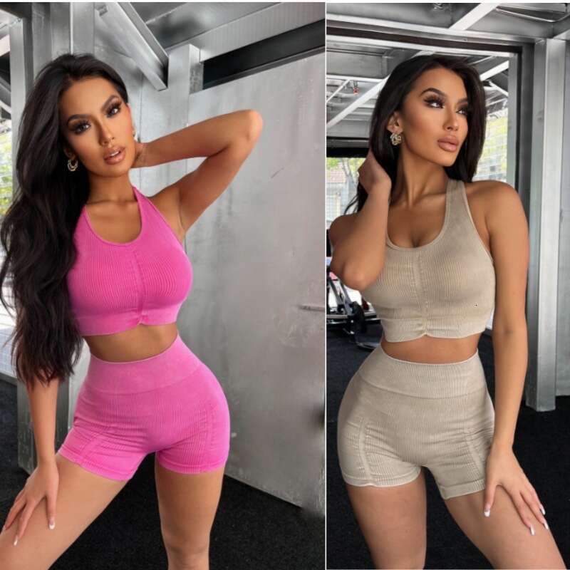 High Quality Sports Yoga Clothes, New Seamless Sports Lifting Buttocks Brushed Shorts, Washed Ribbed Yoga Clothes, Sand Washed Vest Set, Free Delivery