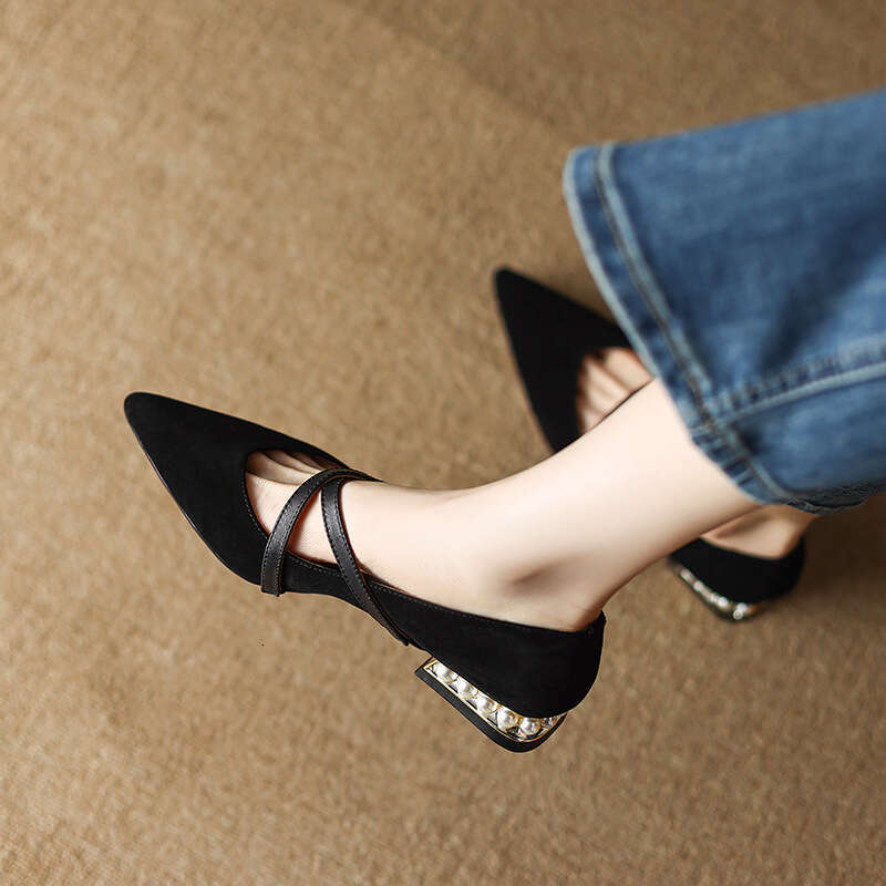 Chengdu Style ~ Pointed Toe Cross Strap Mary Jane Women's Spring Summer Genuine Leather Suede Shallow Mouth Single Shoes