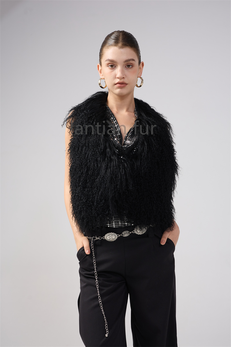Fluffy Sexy Big Back Hair Collar Halter Top Luxury Real Mongolian Fur Halter Vests Deep V-Neck Backless