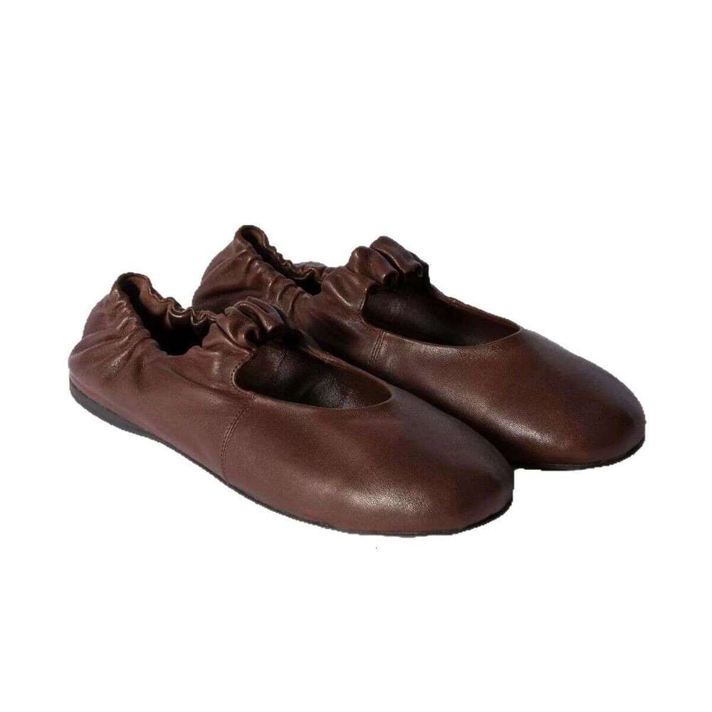 Genuine Leather Korean Style Round Toe Shallow Mouth Pleated Strap Mary Jane Shoes for Women 2025 Spring Summer Ballet Flats