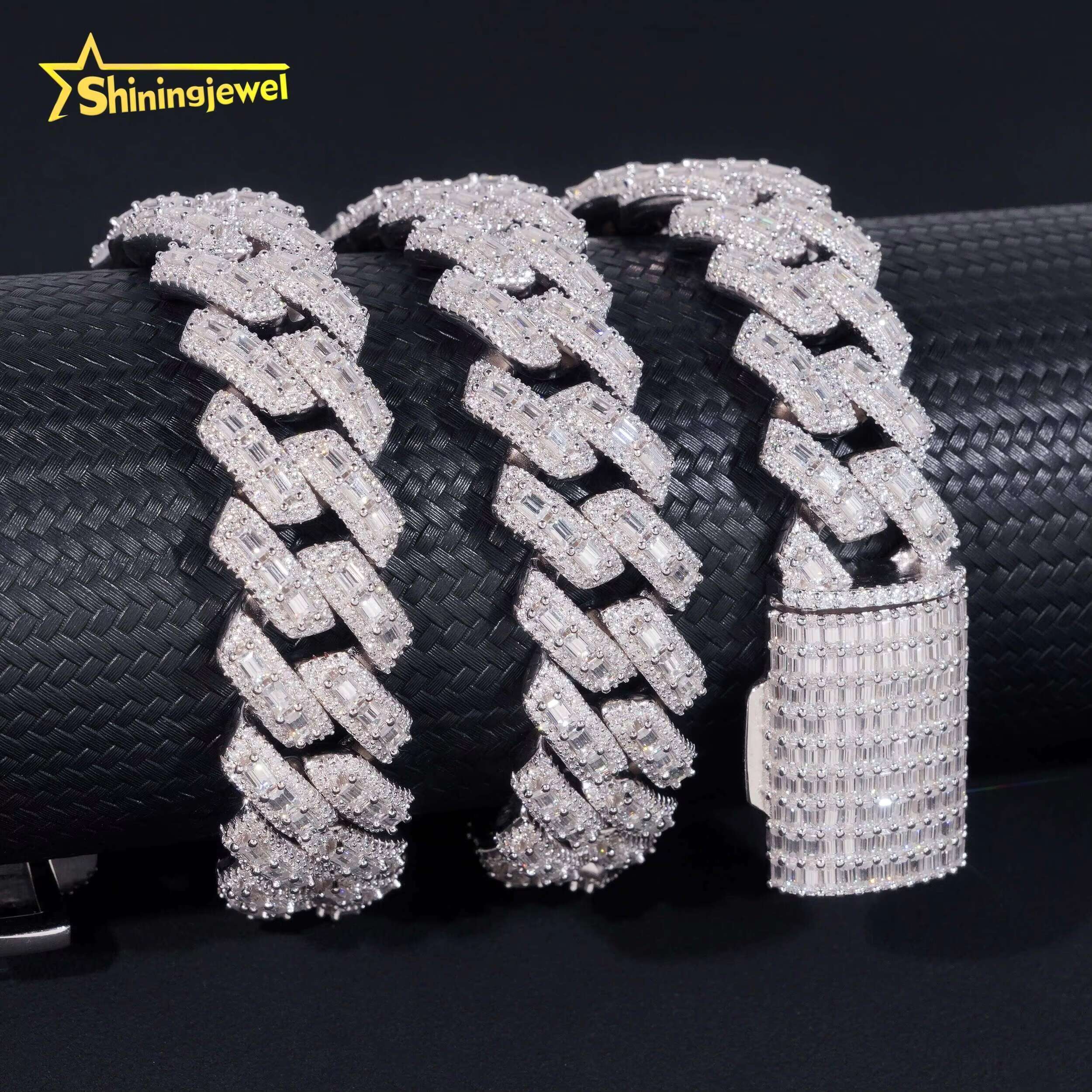 Luxury Hip Hop Fine Jewelry Heavy 18mm 925 Sterling Silver Moissanite Baguette Iced Out Cuban Link Chain Necklaces